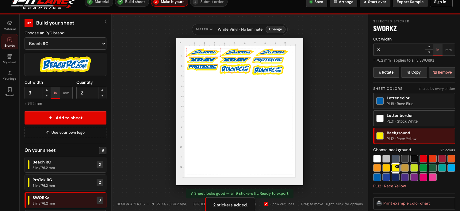 The PitLane Sticker Studio: pick a brand, size each decal at the cut line, choose race colors, build your sheet